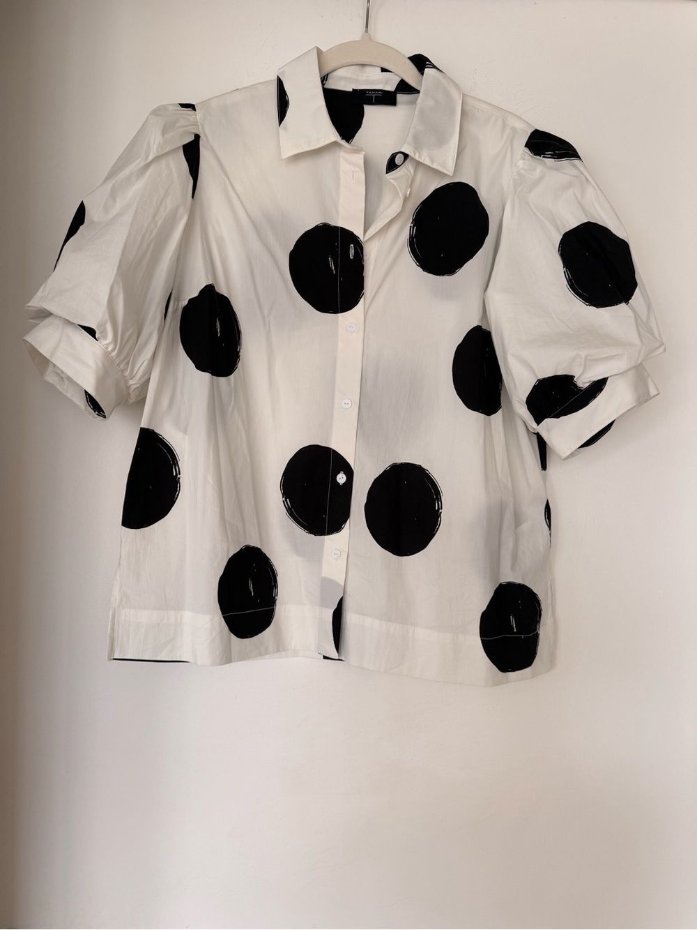 Tahari White Button-Down Shirt with Black Oversized Dot Print